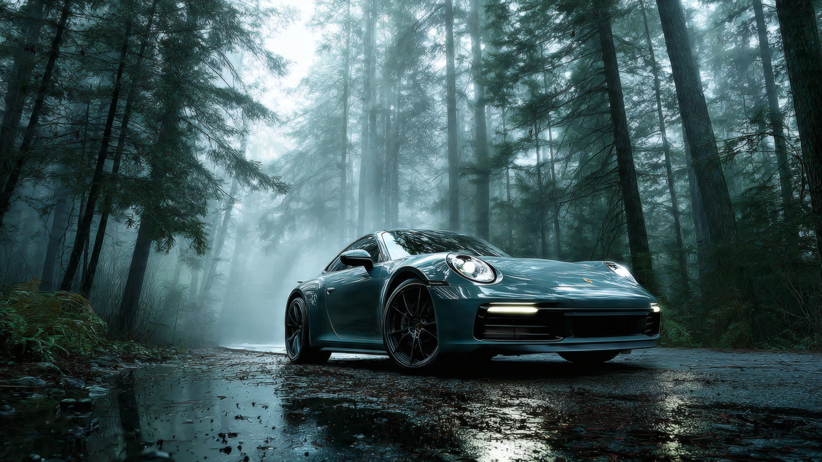 Teal Porsche in Foggy Forest Landscape
