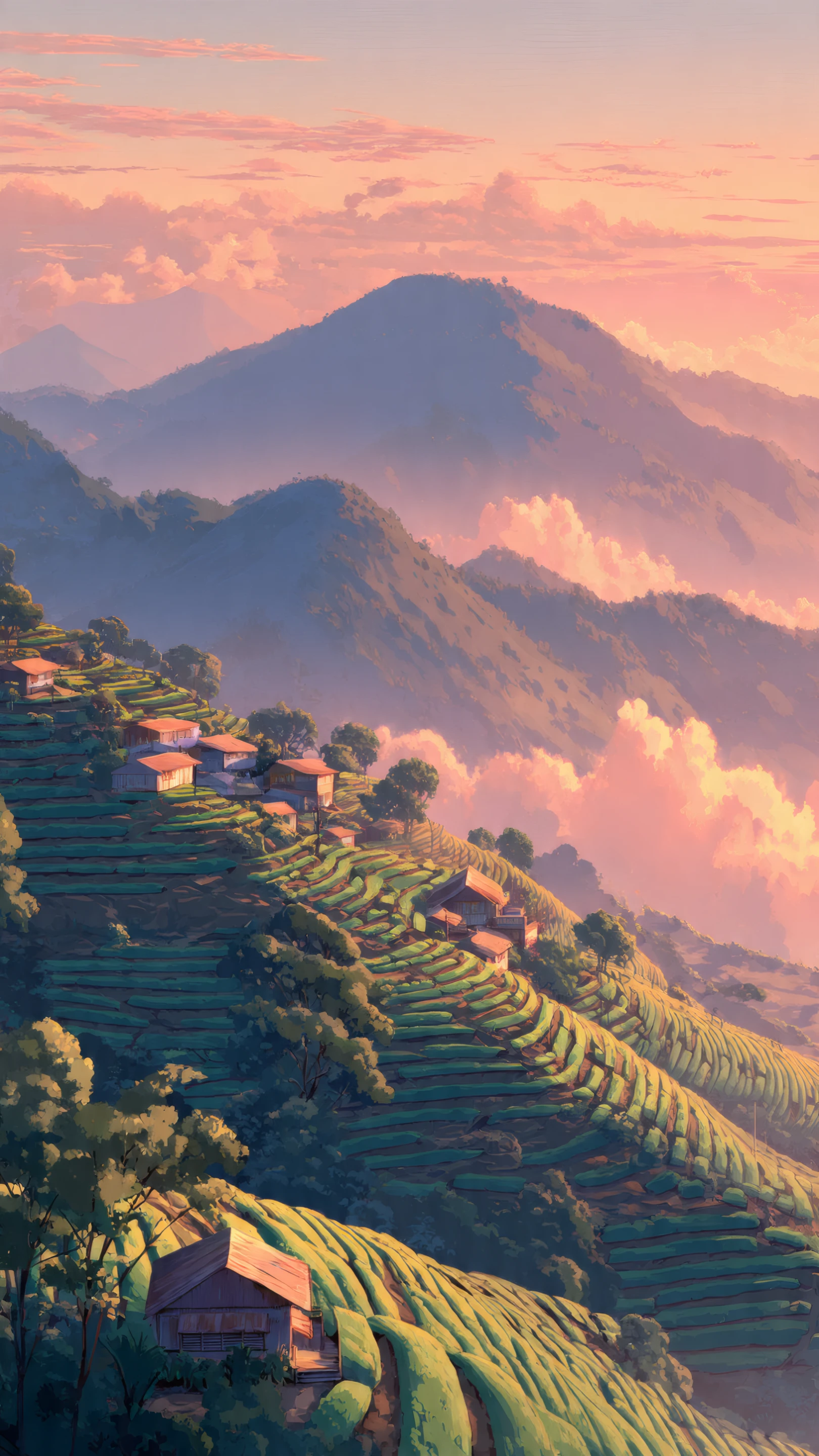 Terraced Village at Sunset Hazy Mountain Backdrop