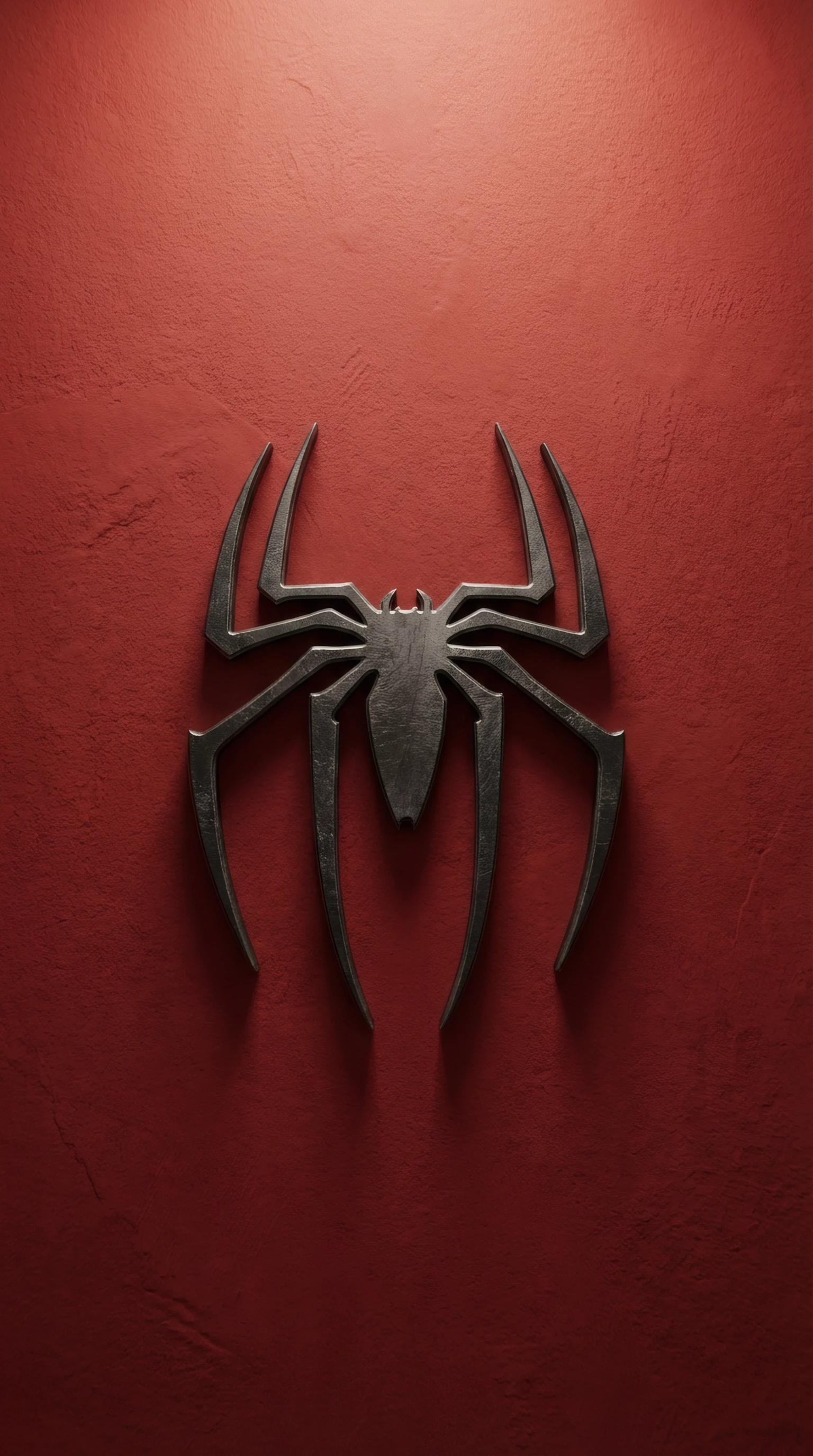 Textured Red Wall with Metallic Spider Emblem