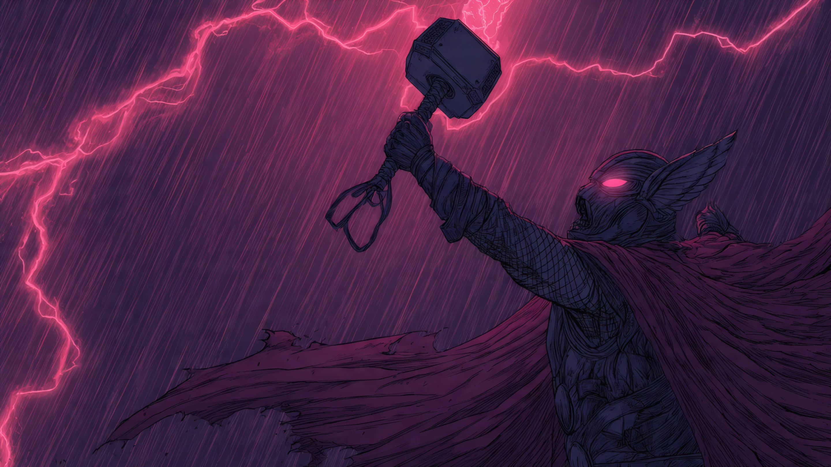 Thor Wielding Mjolnir Amidst a Stormy Purple Sky