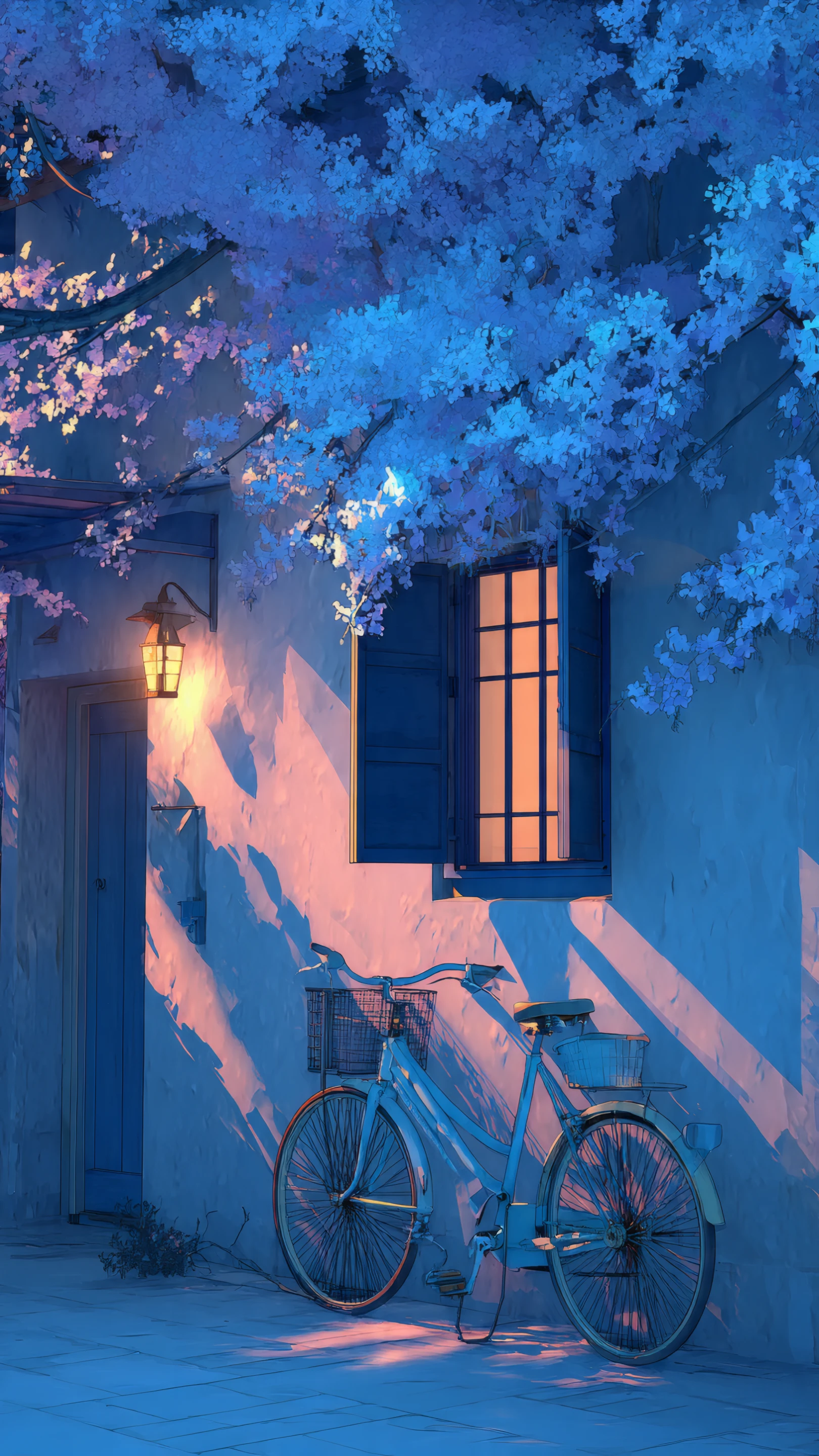 Tranquil Blue Bicycle Under Blossoming Tree at Dusk