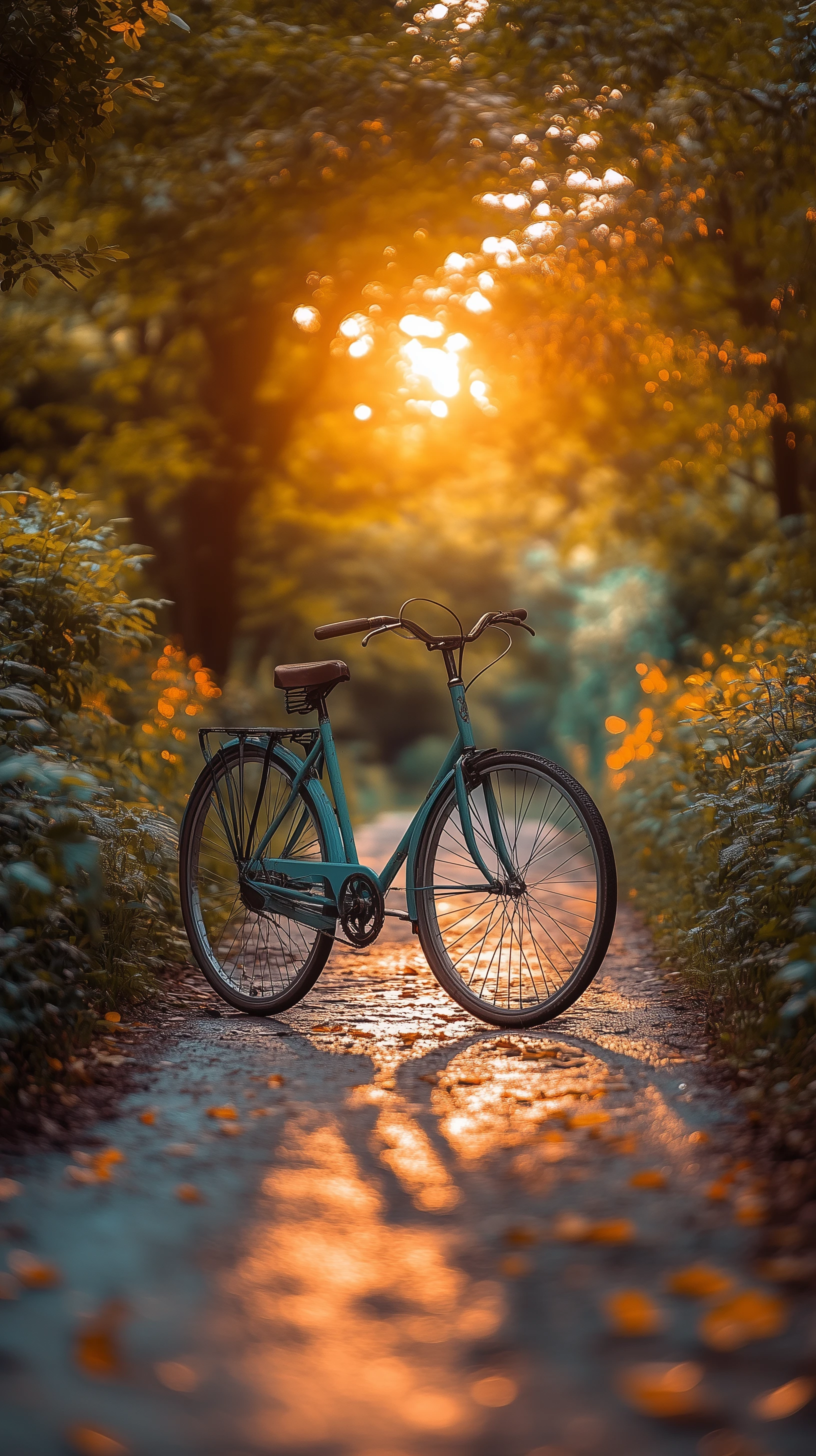 Tranquil Forest Path with Vintage Bicycle at Sunset