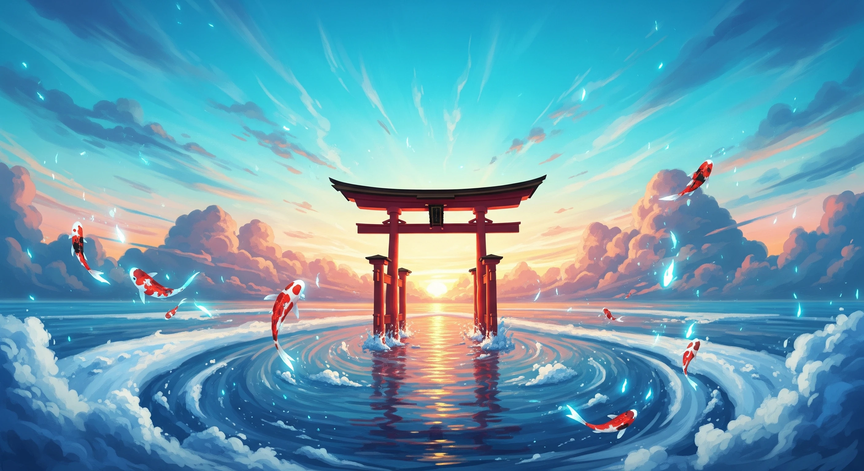 Tranquil Koi Dance at Torii Gate Sunset 4k Wallpaper