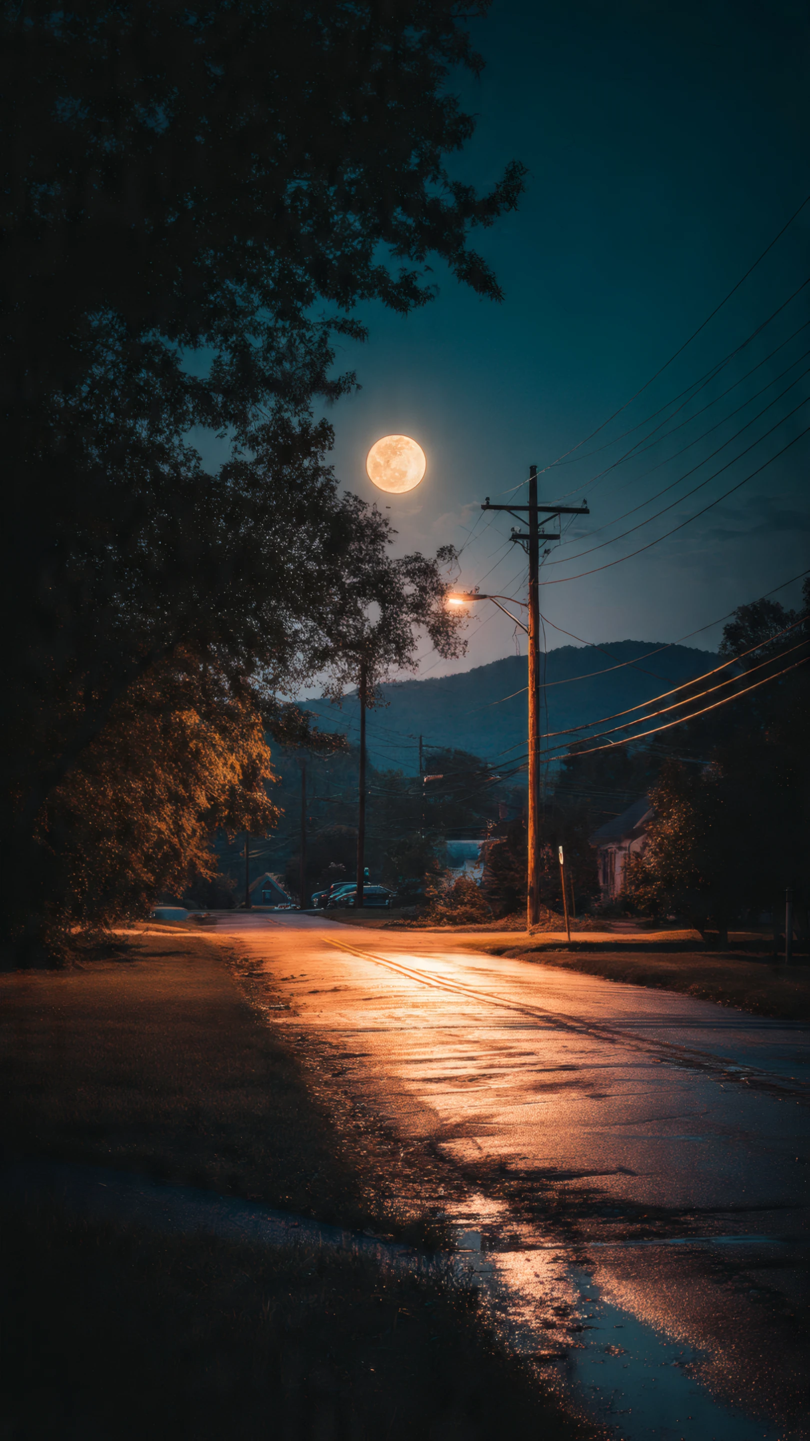 Tranquil Night Scene with Full Moon over Street
