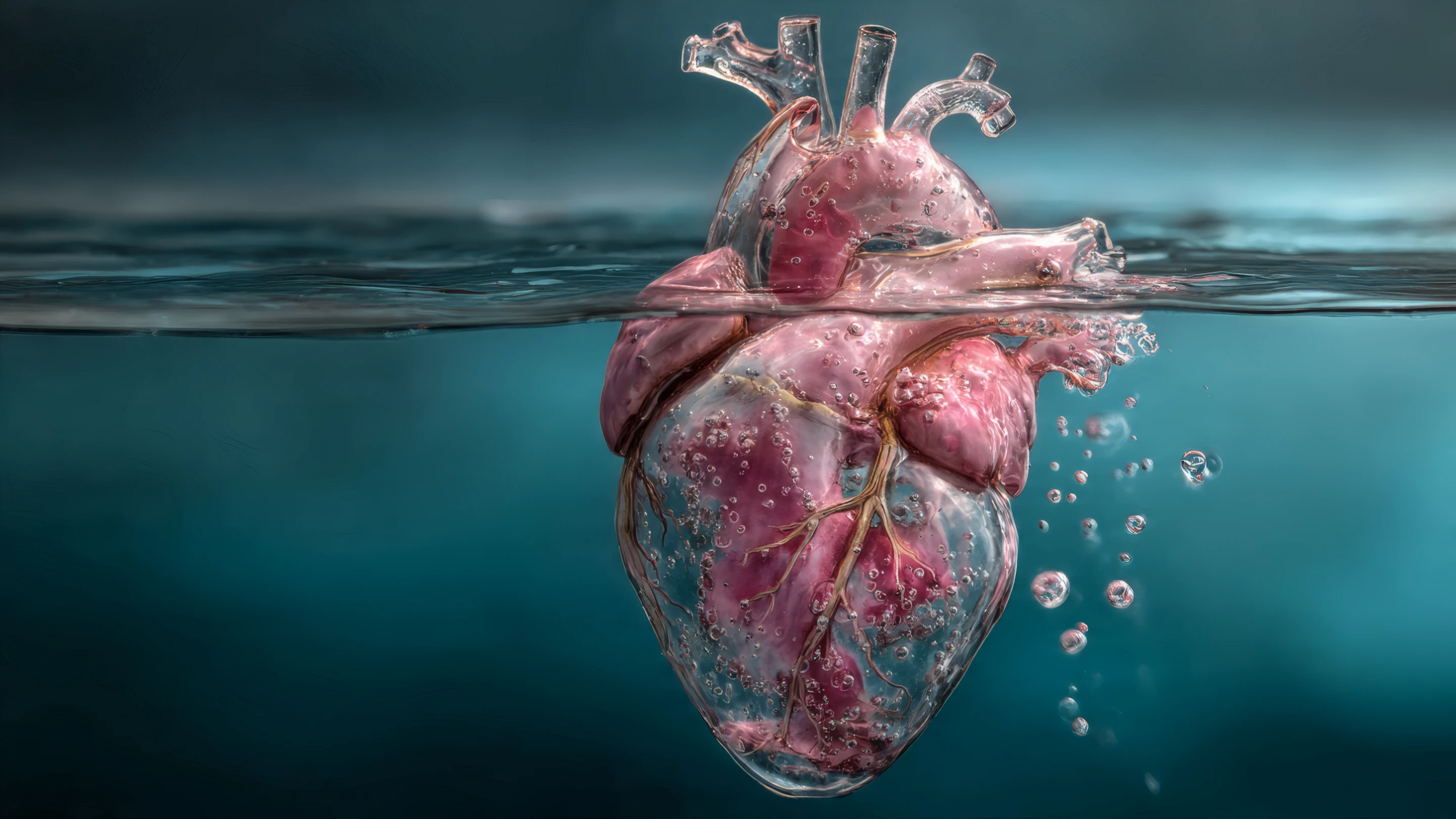 Translucent Heart Floating in Teal Blue Water
