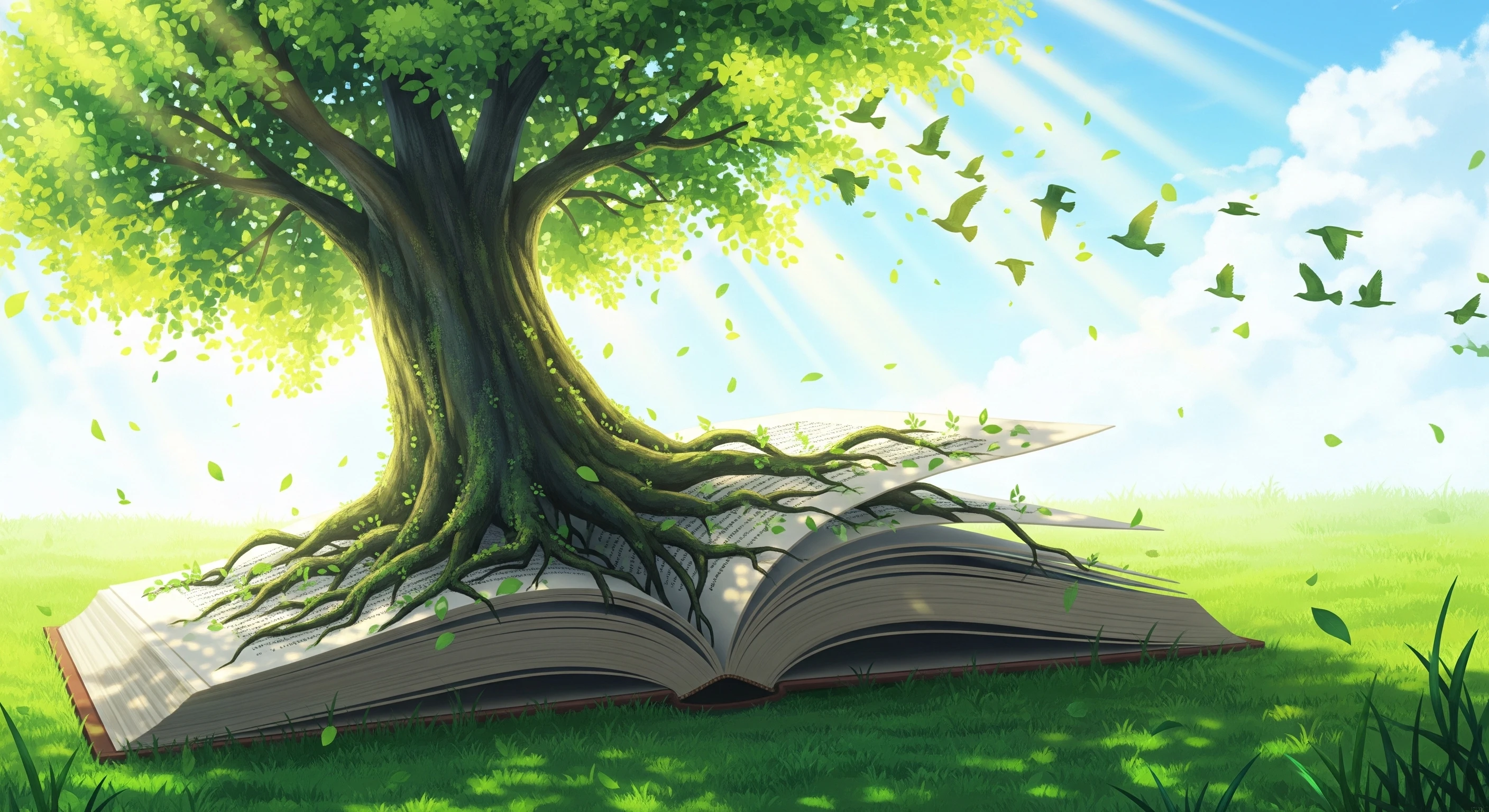 Tree of Knowledge Growing from Book on Green Field
