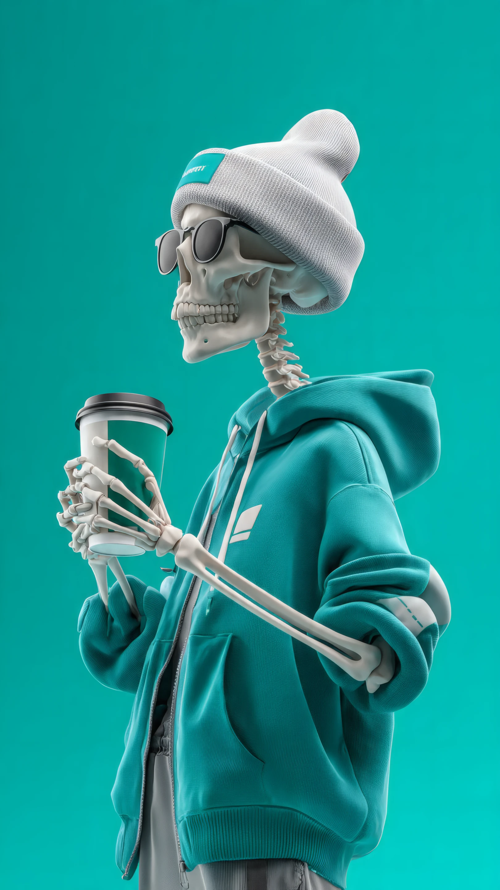Trendy Skeleton Sipping Coffee in Teal Hoodie and Beanie