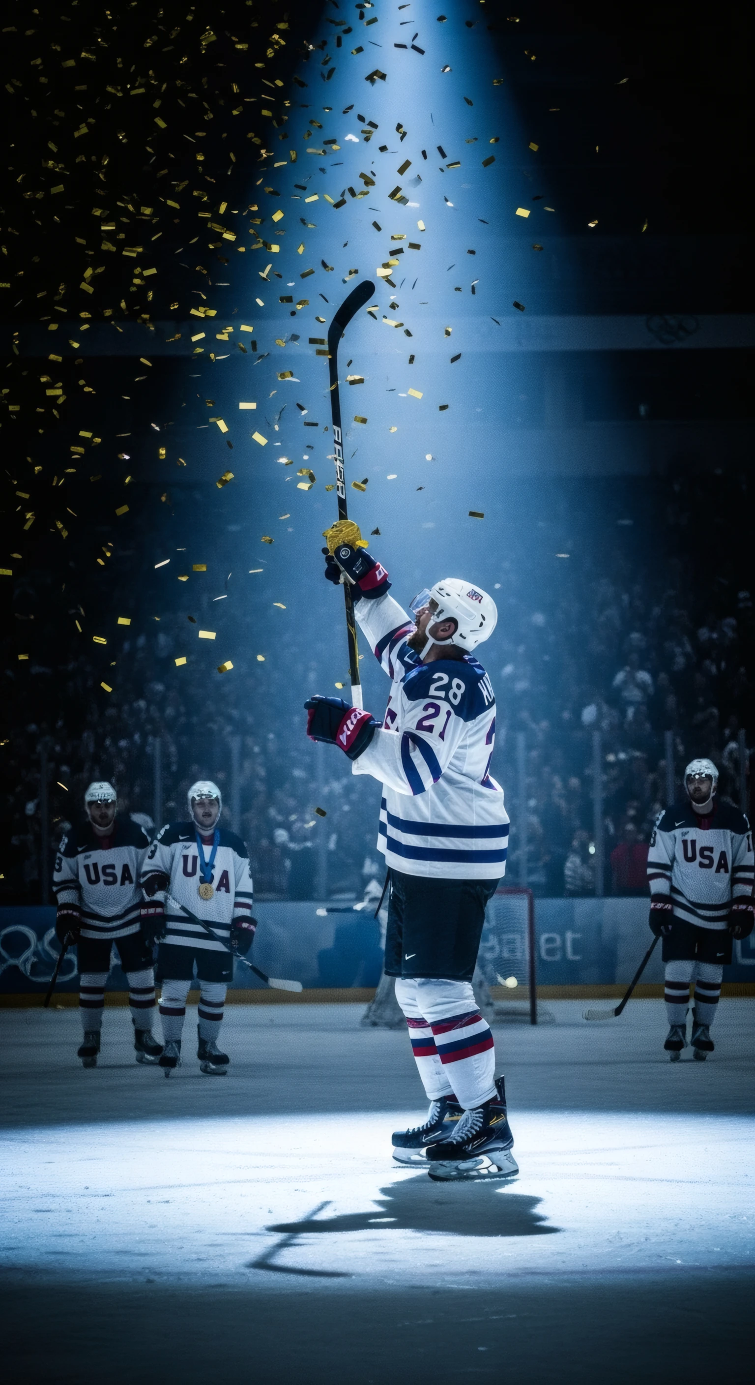 Triumphant Hockey Player Under Golden Confetti Shower