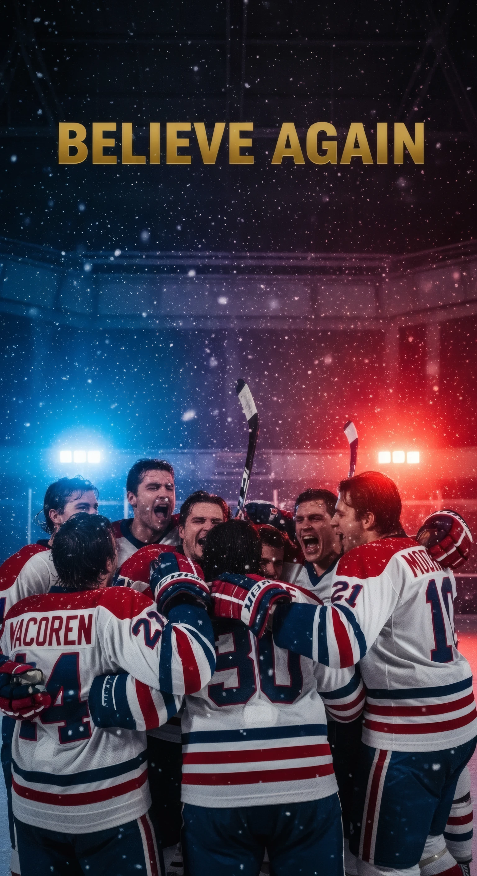 Triumphant Hockey Team Celebration in Red and Blue