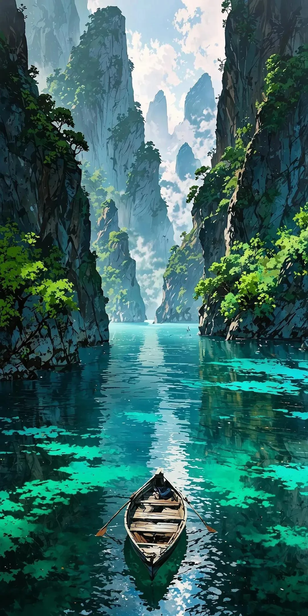 Turquoise River Between Cliffs with Boat and Greenery