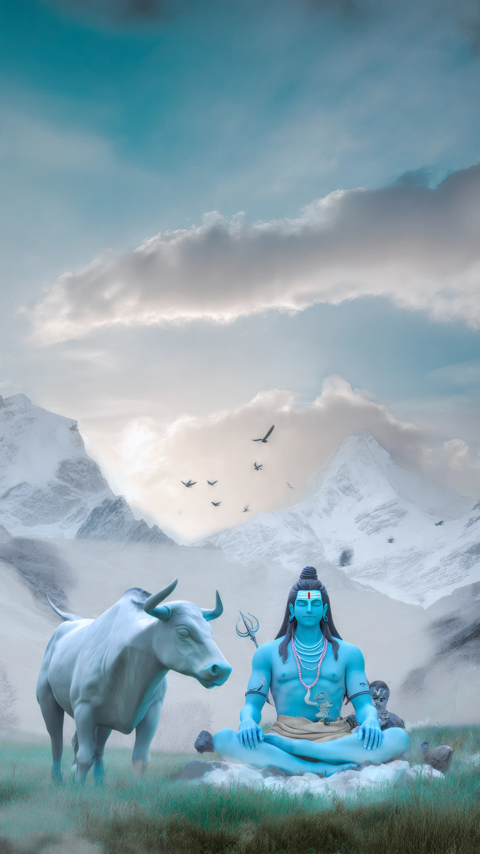 Turquoise Shiva Statue with Bull in Snowy Landscape