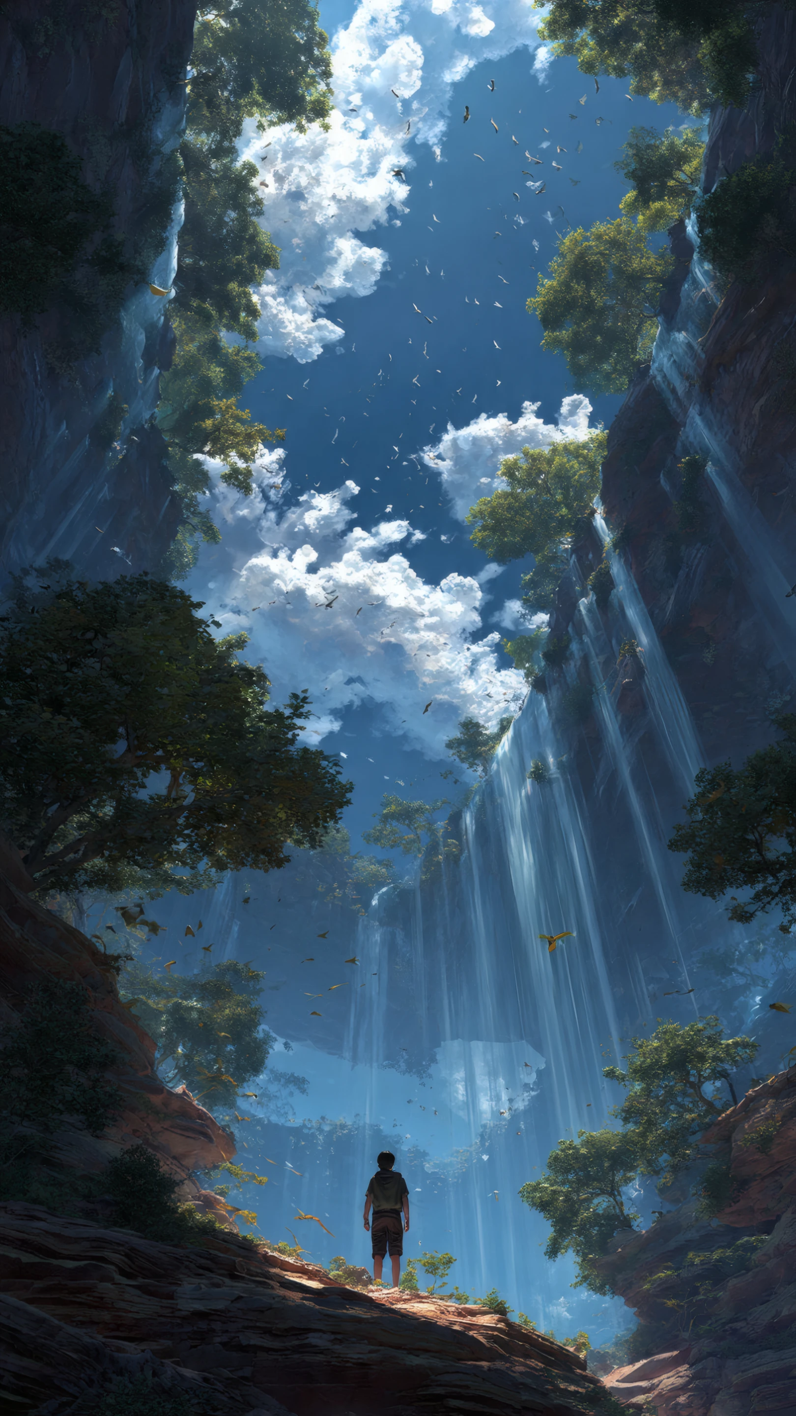 Vast Canyon Vista with Waterfalls and Sky