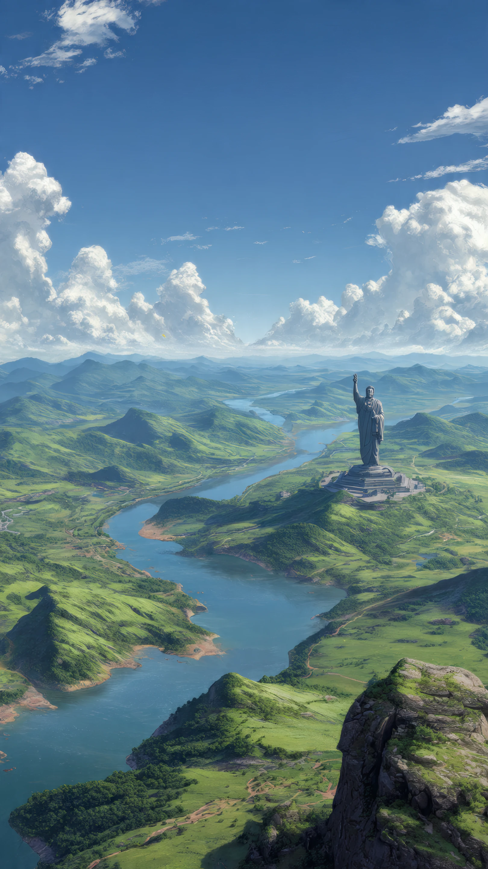Verdant River Valley with Monumental Statue
