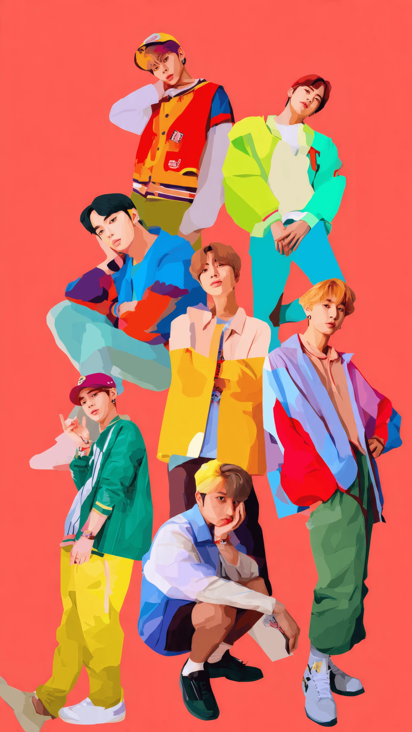 Vibrant Cartoon Style Group Portrait on Red Background