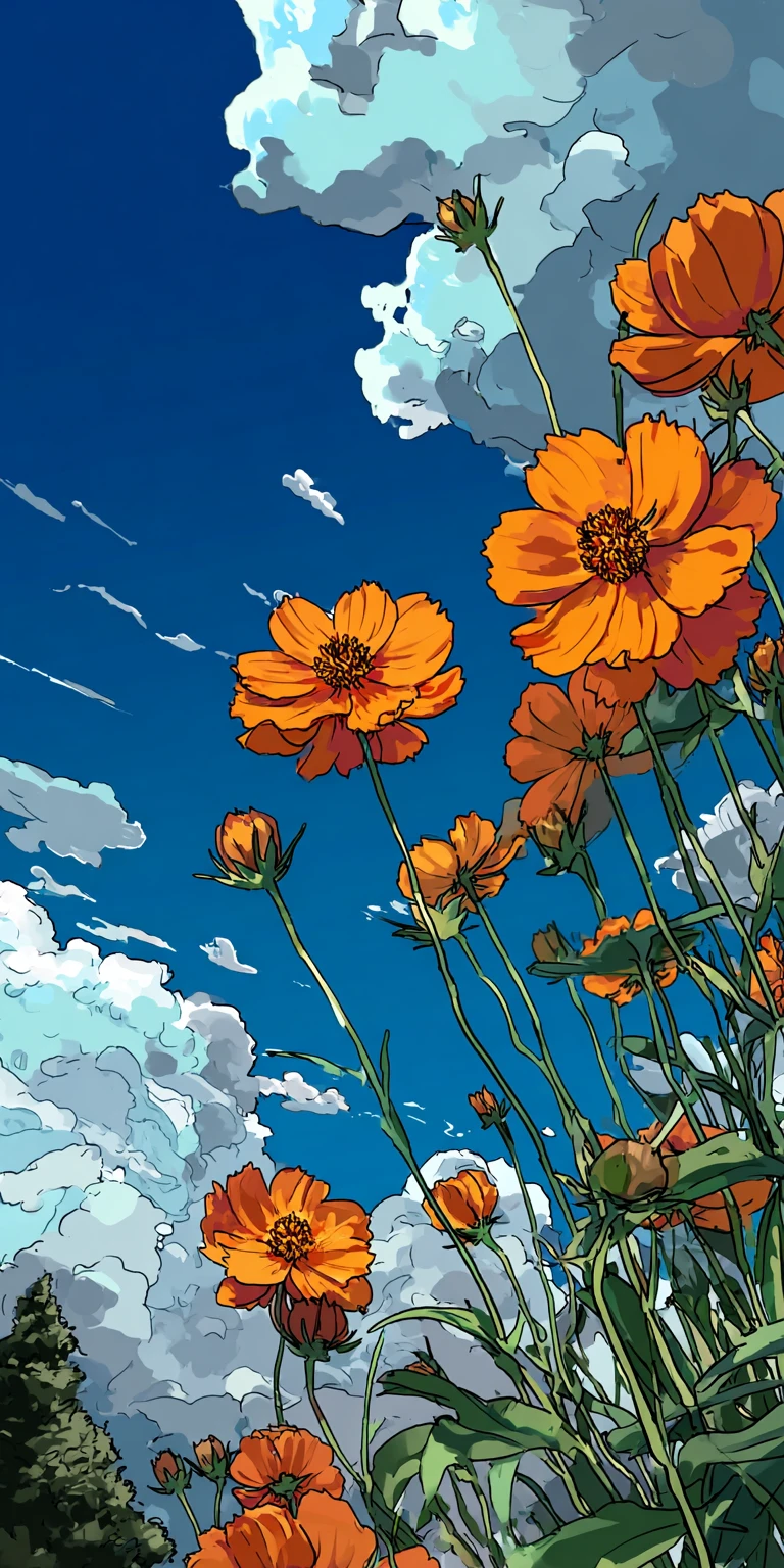 Vibrant Cosmos Field Against Azure Anime Sky