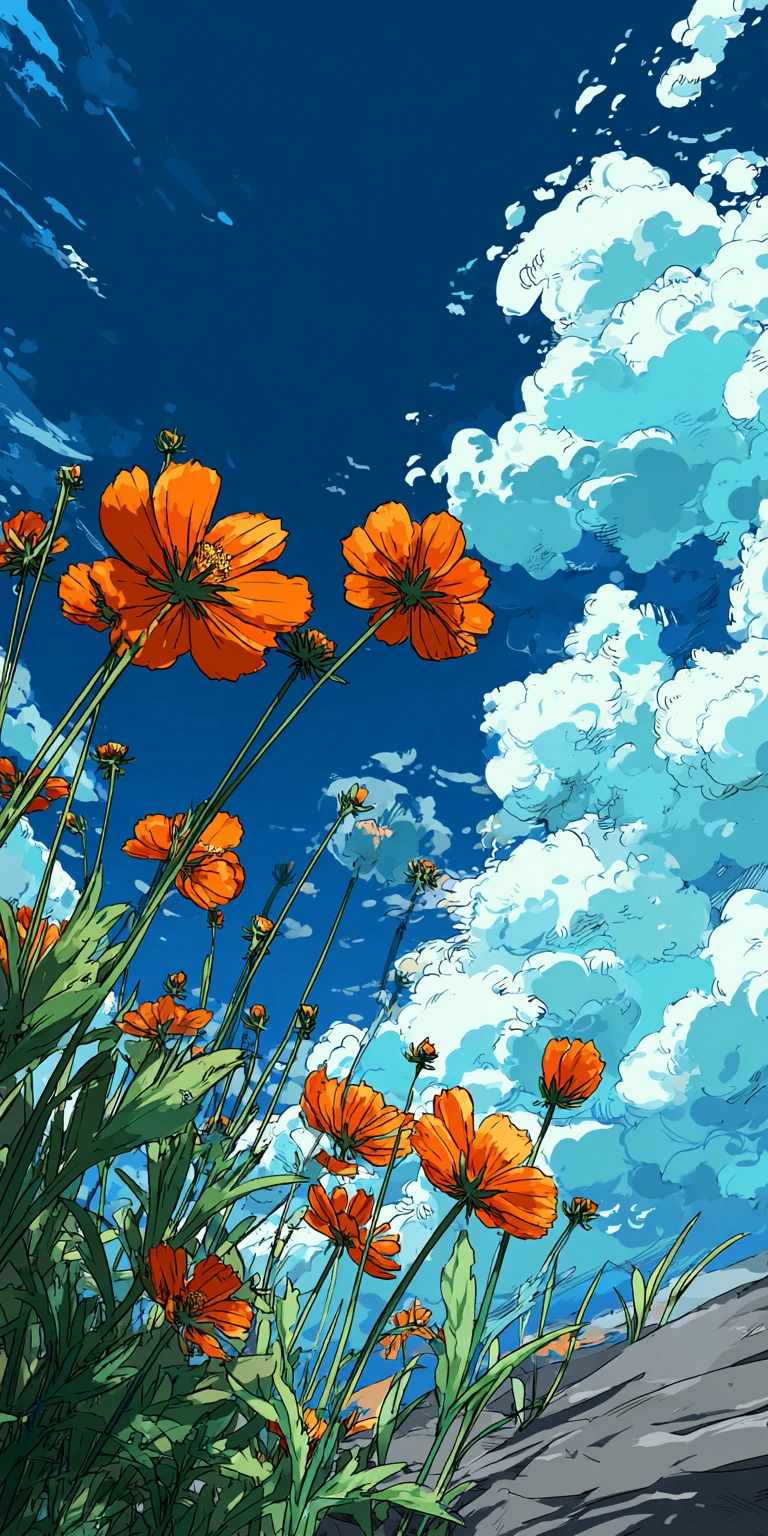 Vibrant Cosmos Field Against Azure Anime Sky