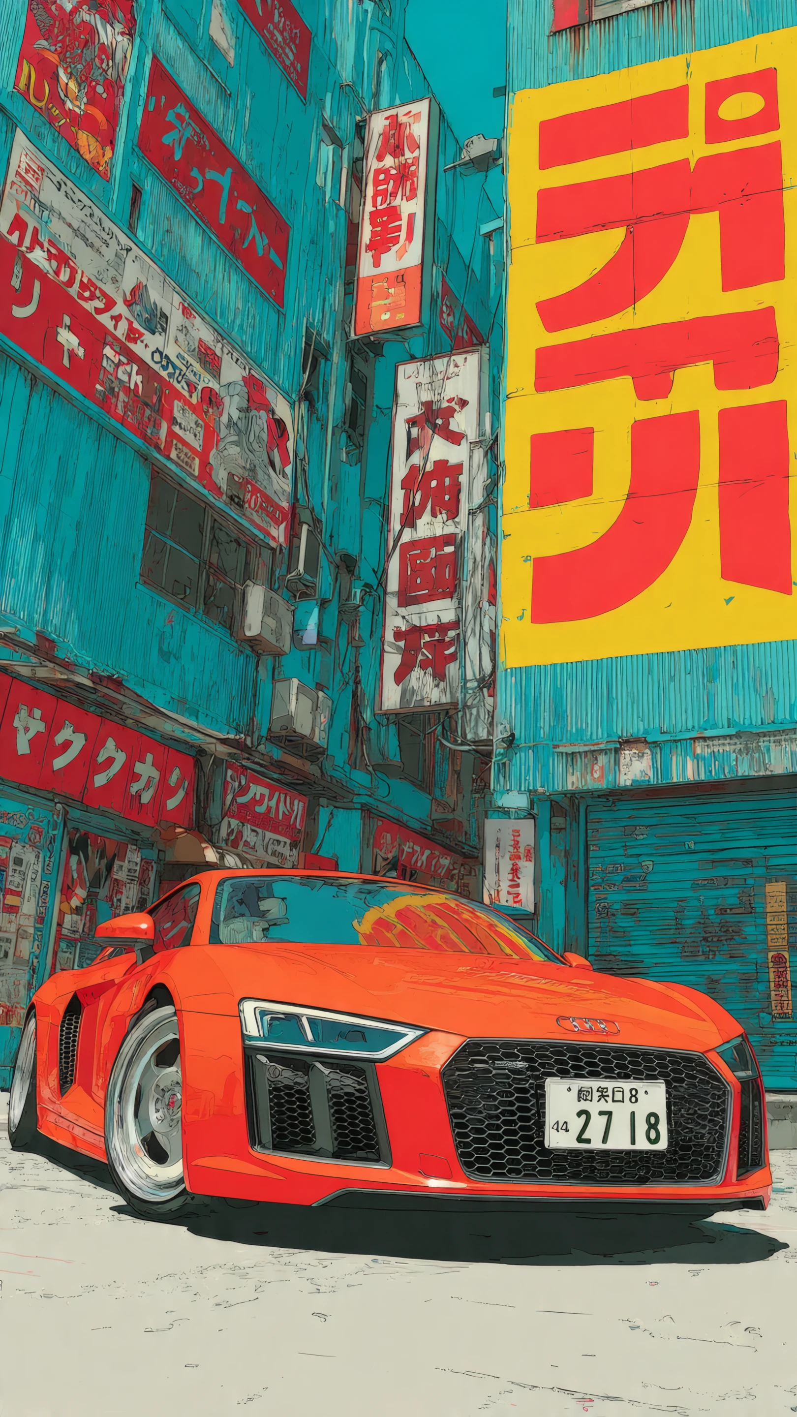 Vibrant Orange Audi R8 in Tokyo-style Anime Alley