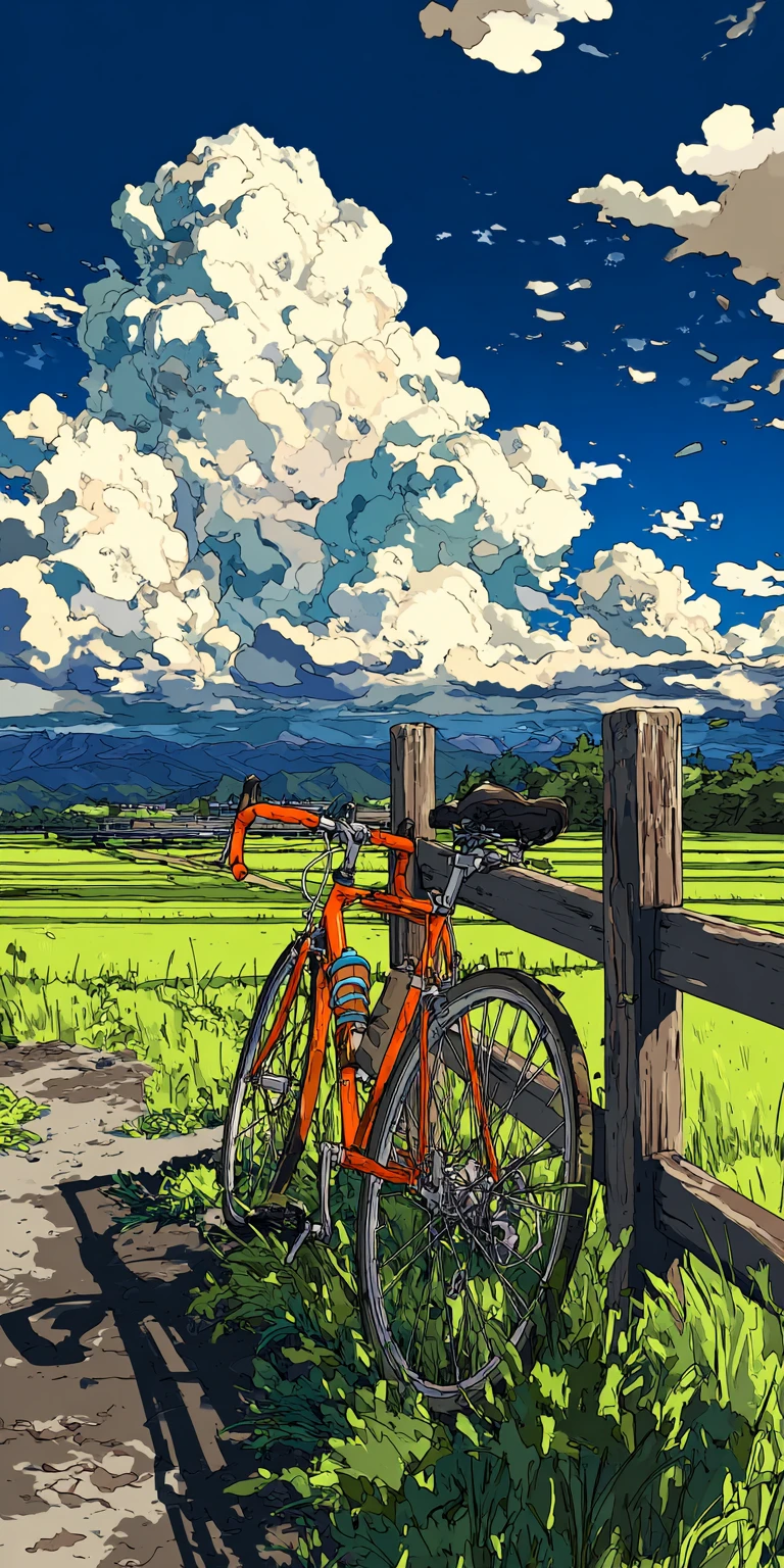 Vibrant Orange Bicycle Beside a Fence in Anime Style