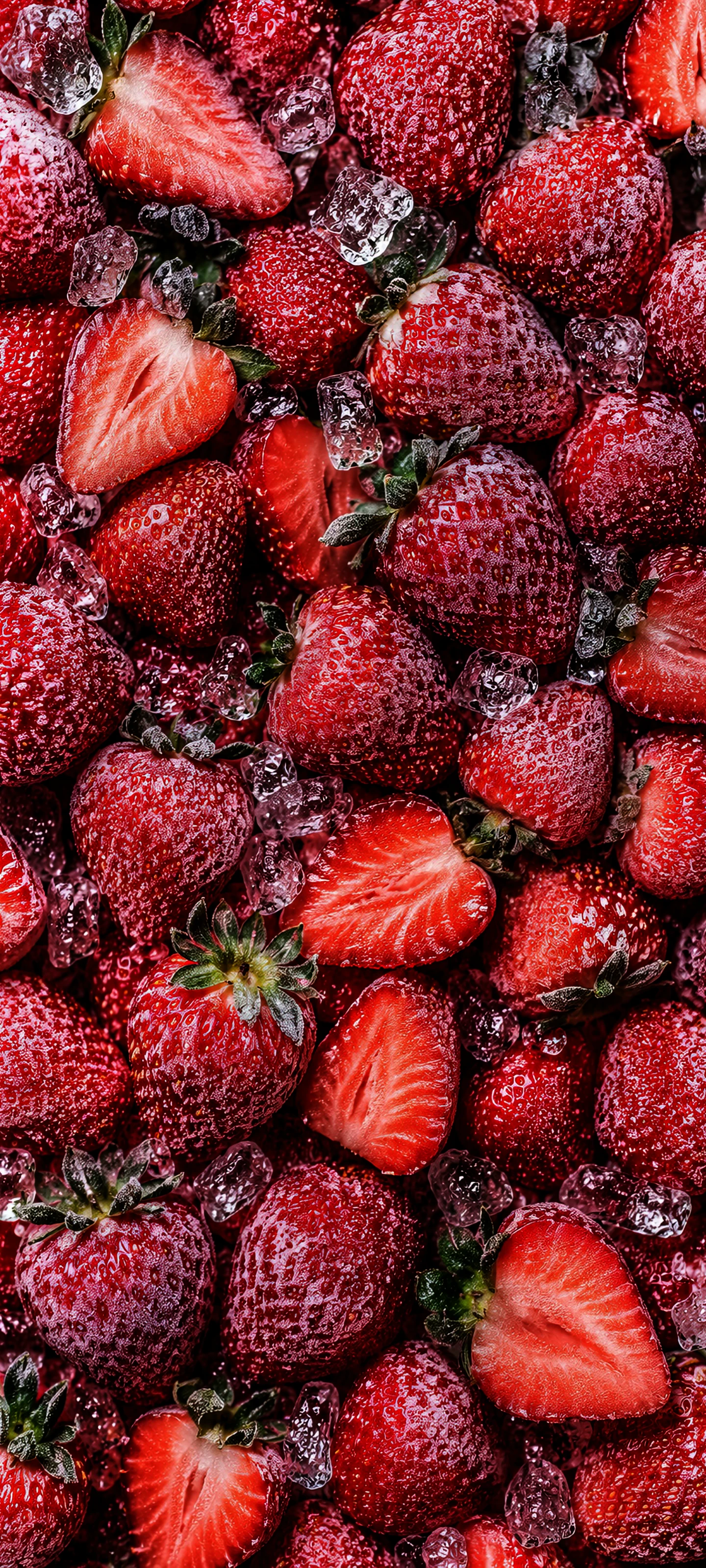 Vibrant Strawberries Chilled in Crushed Ice Texture Nature wallpaper 1440x3200