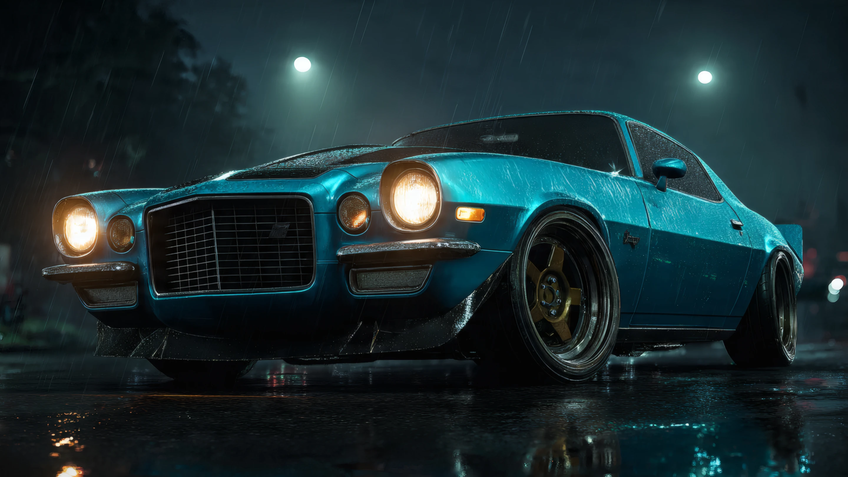 Vintage Blue Car at Night in Rainy City Scene