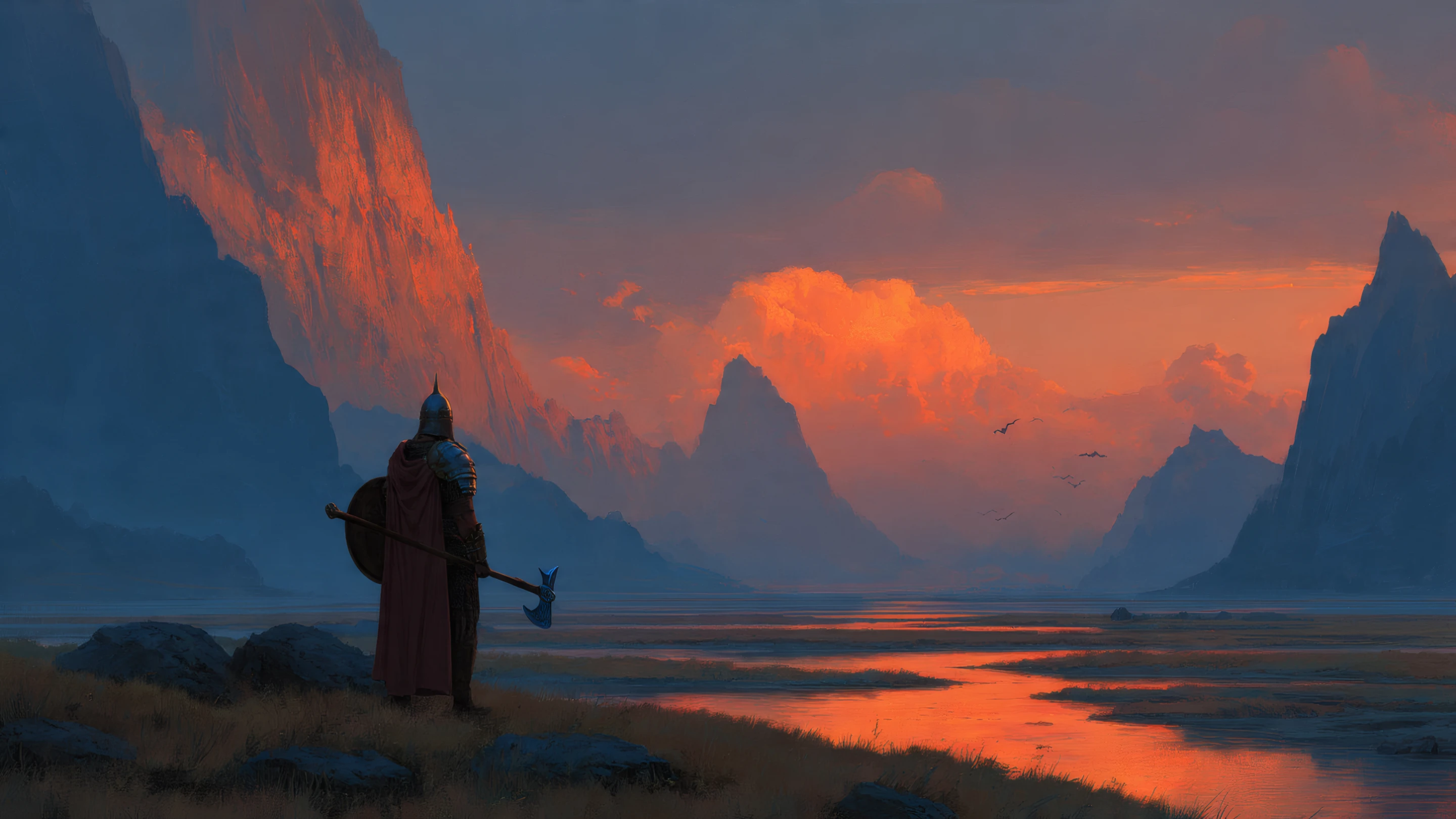 Warrior with Axe Gazing at Fiery Sunset Mountains