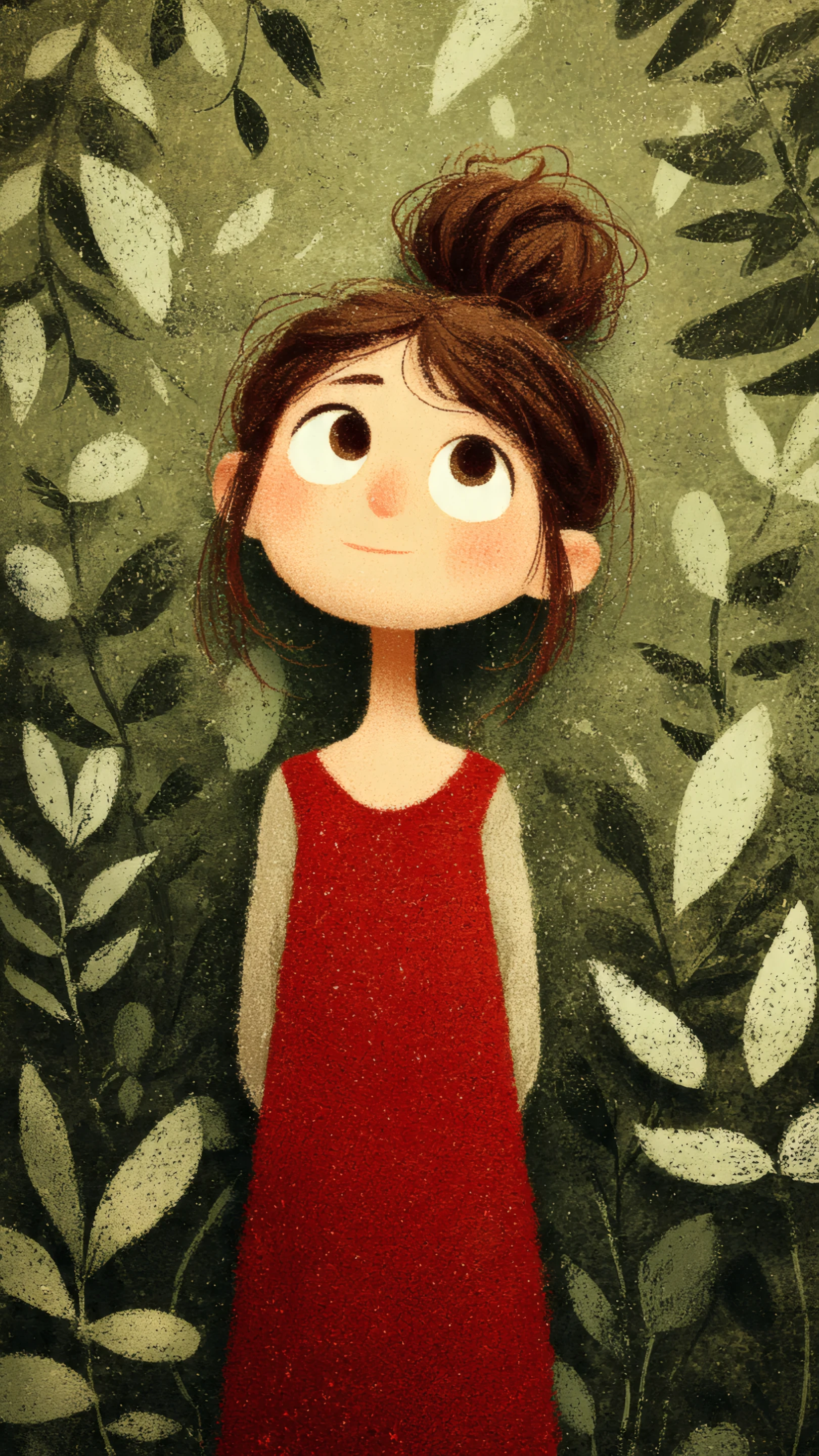 Whimsical Cartoon Girl Portrait with Foliage Backdrop