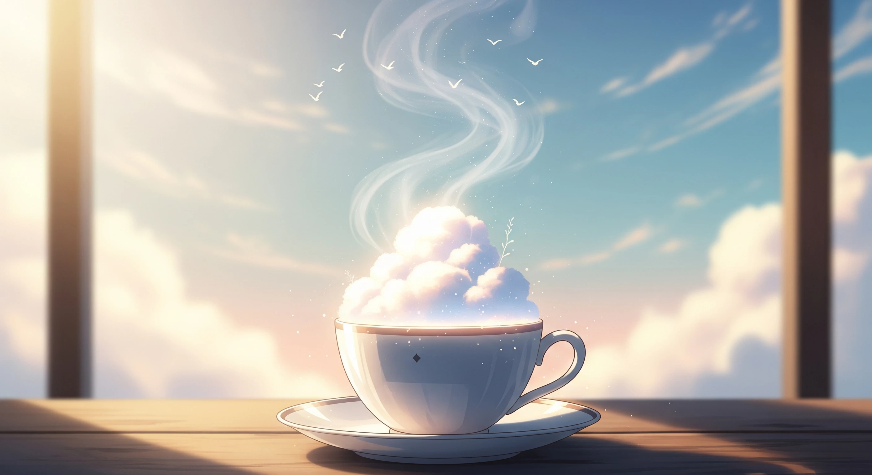Whimsical Cloud Tea Cup with Sky Background Illustration