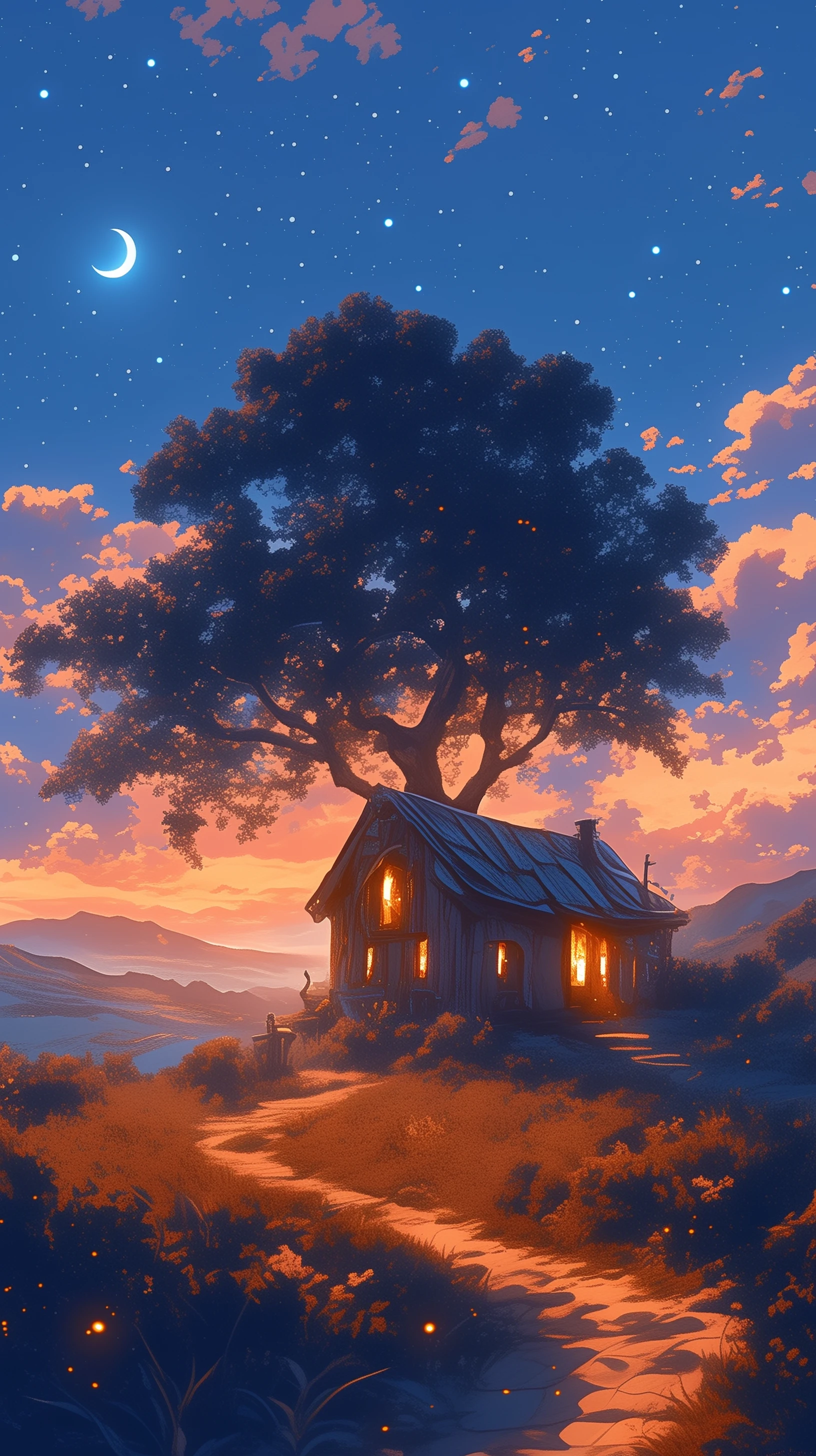 Whimsical Cottage Under Moonlight with Starry Sky