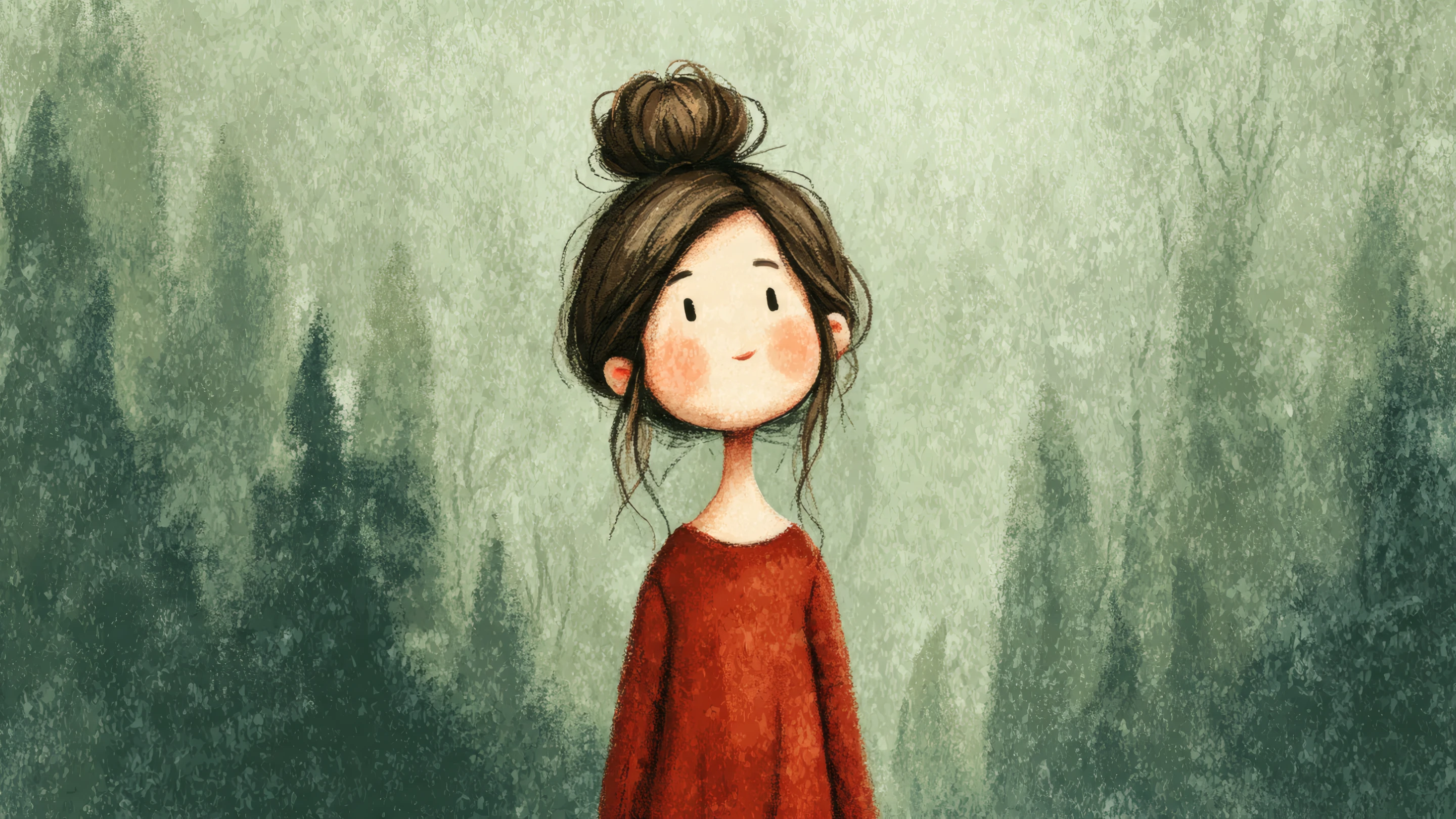 Whimsical Girl Illustration with Forest Backdrop