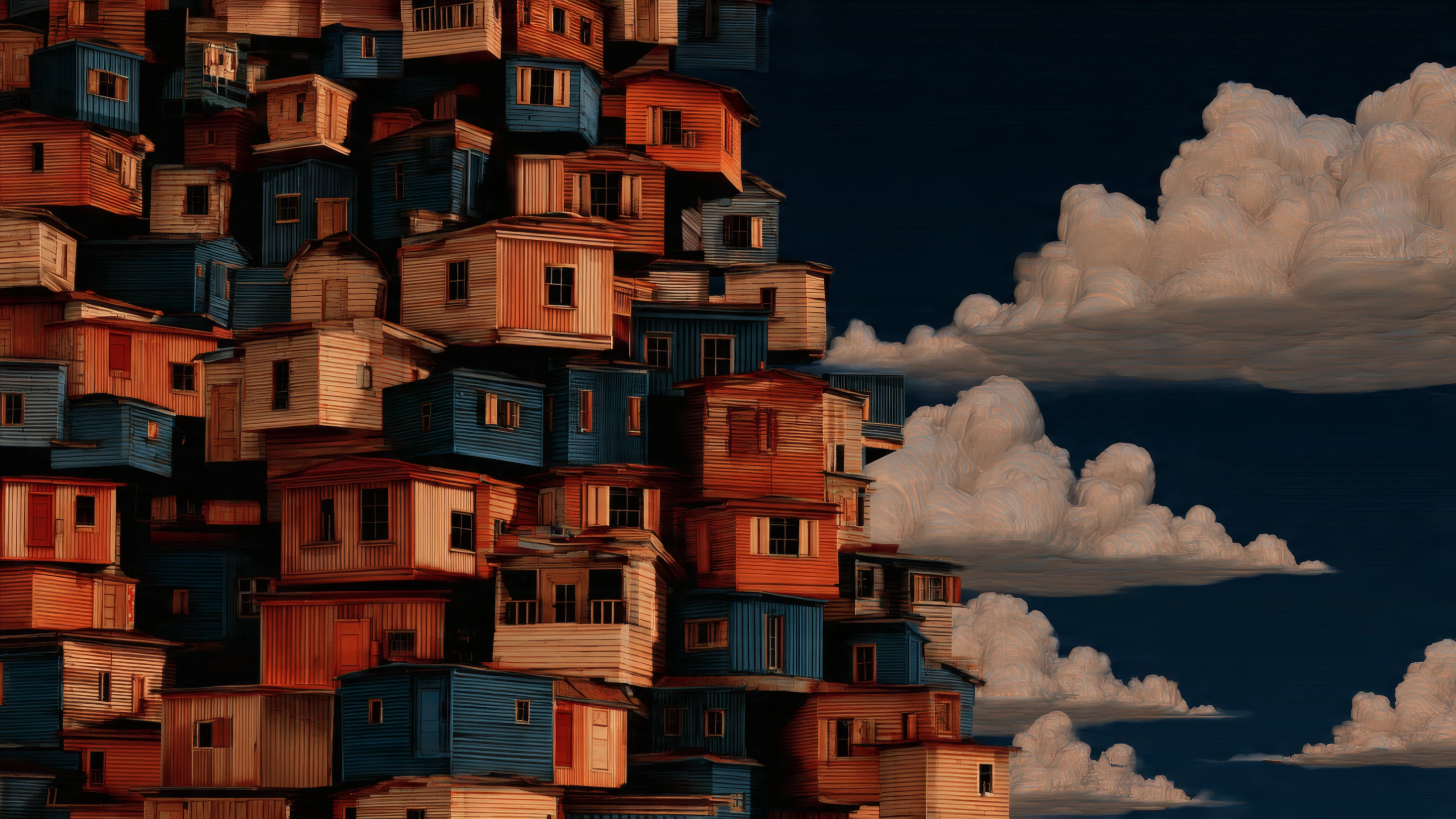 Whimsical Stacked Houses with Cloudy Sky Backdrop