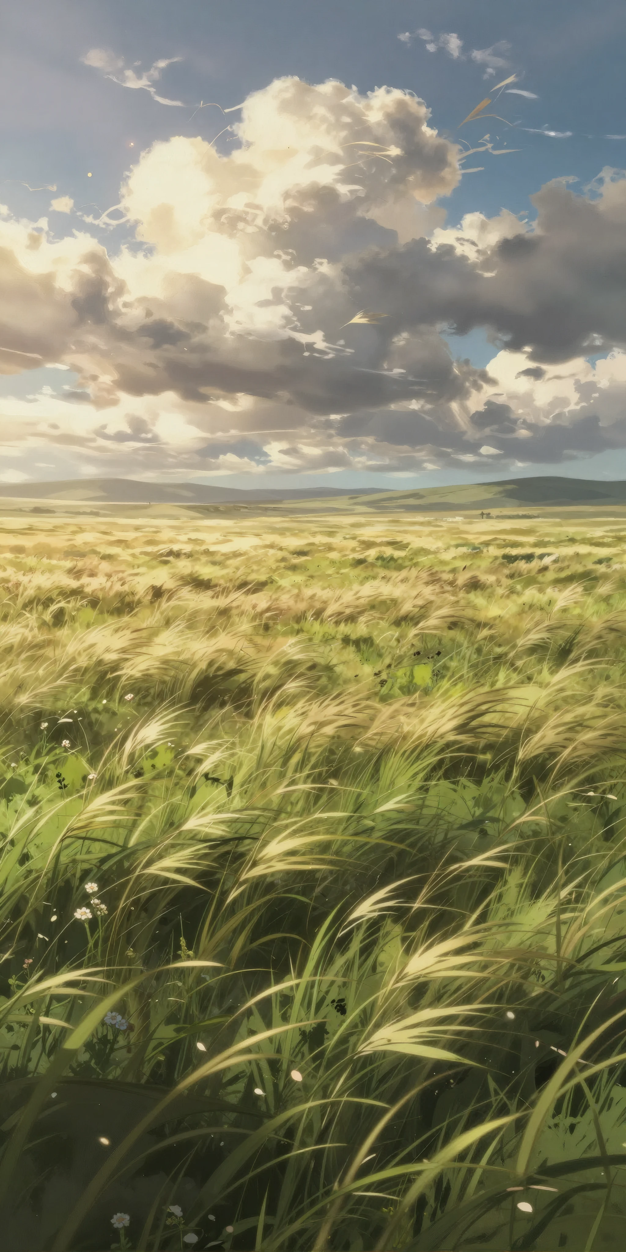 Whispering Grasslands Anime Landscape Under Cloudy Sky