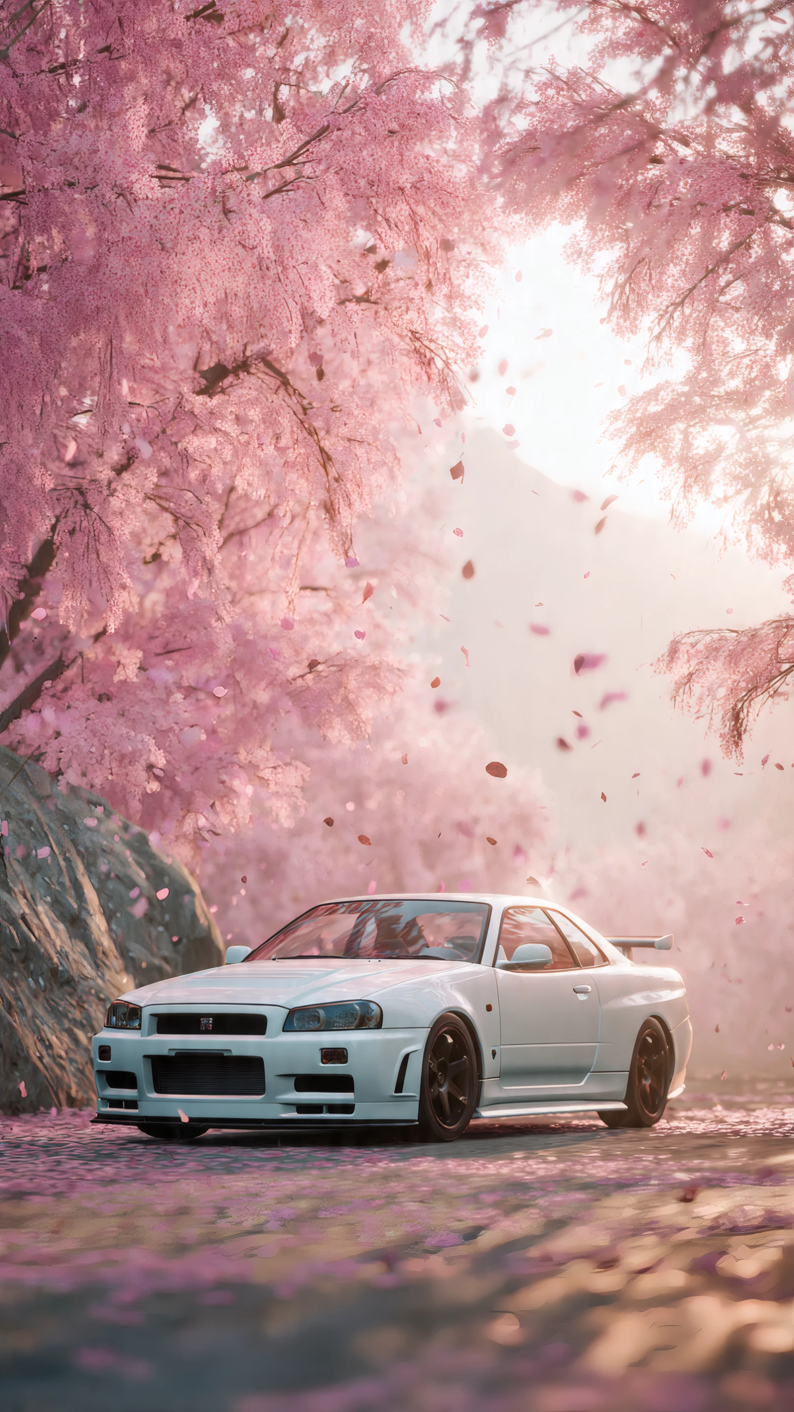 White Car Surrounded by Pink Cherry Blossoms