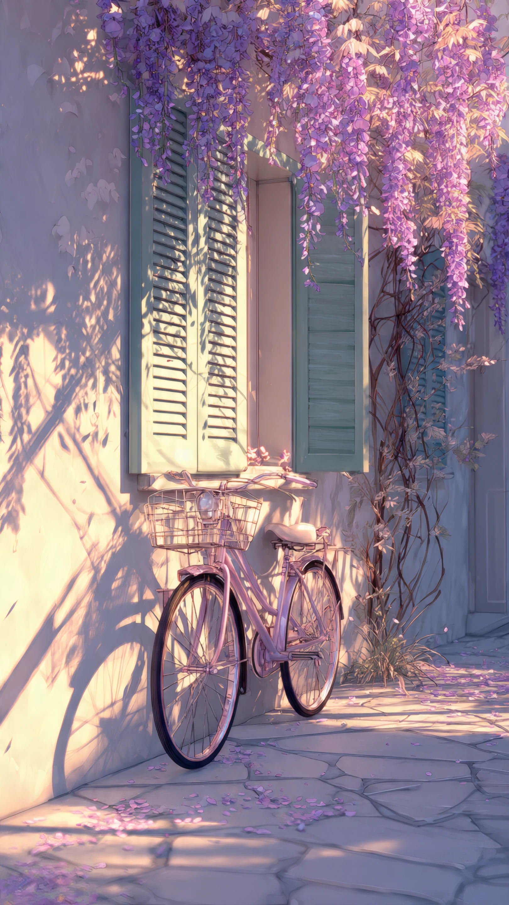 Wisteria-draped Bicycle on Sunlit Cobblestone Path