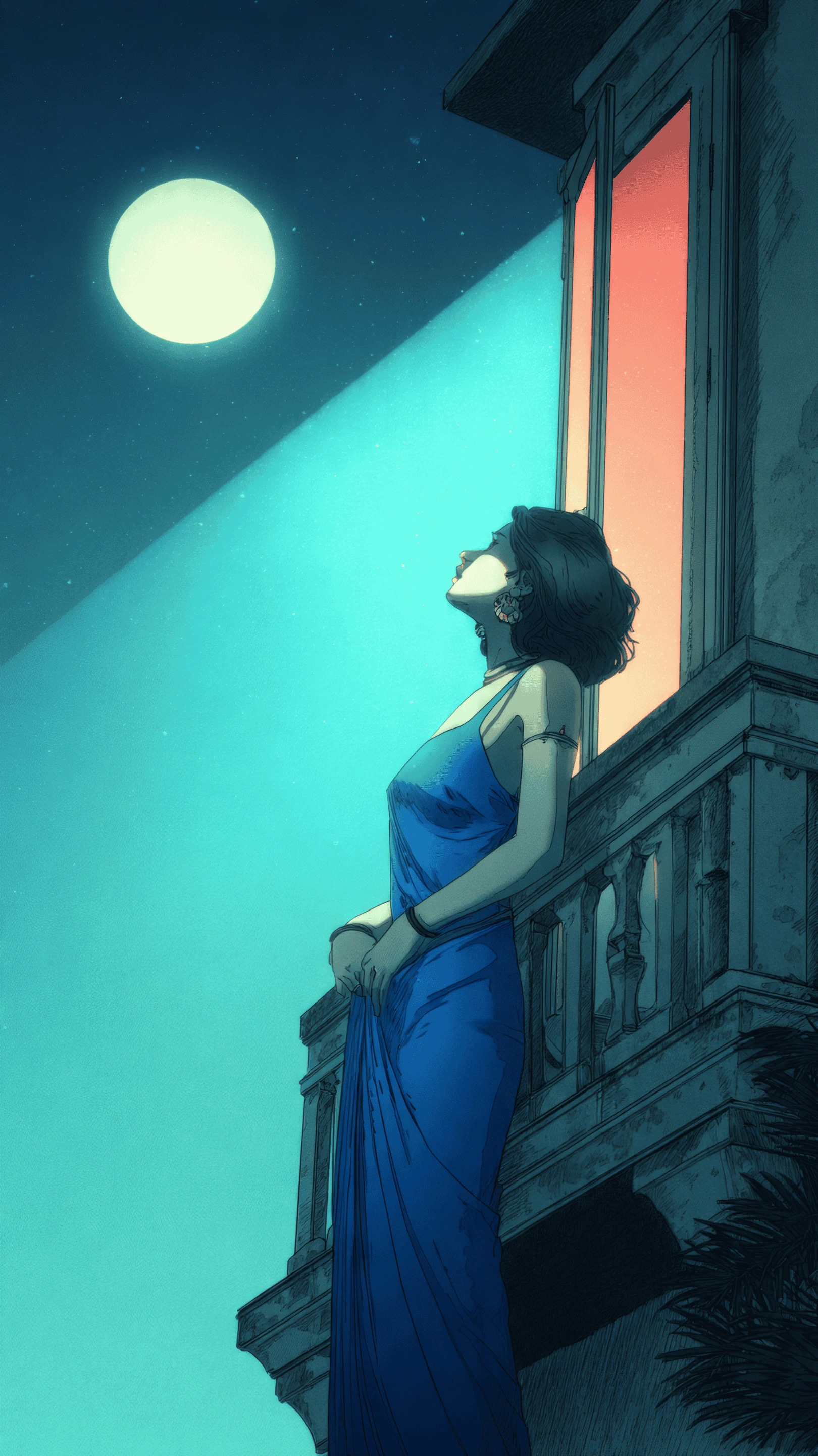 Woman in Blue Dress Gazing at the Moonlit Sky