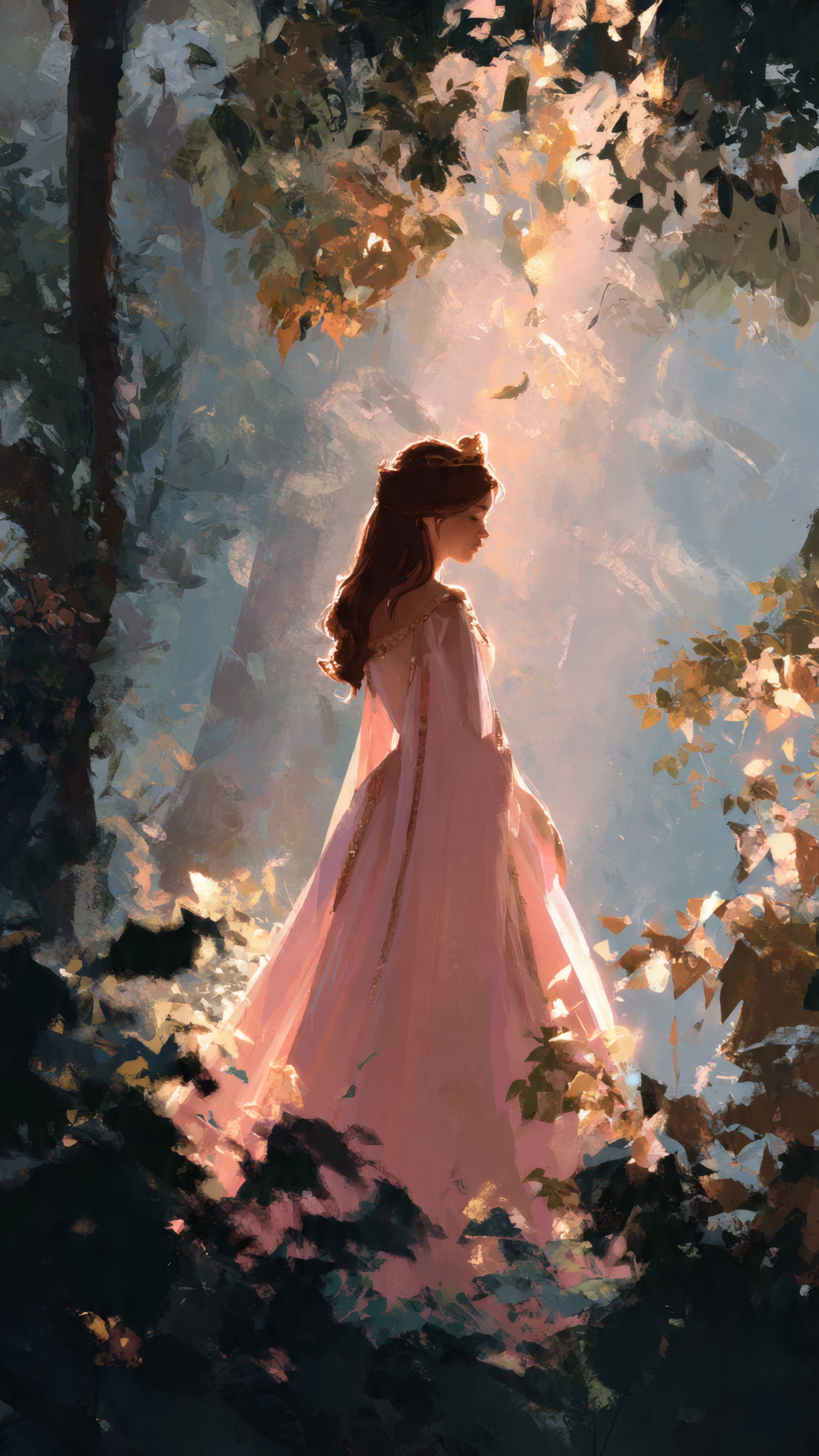Woman in Pink Gown Forest Scene with Sunlight