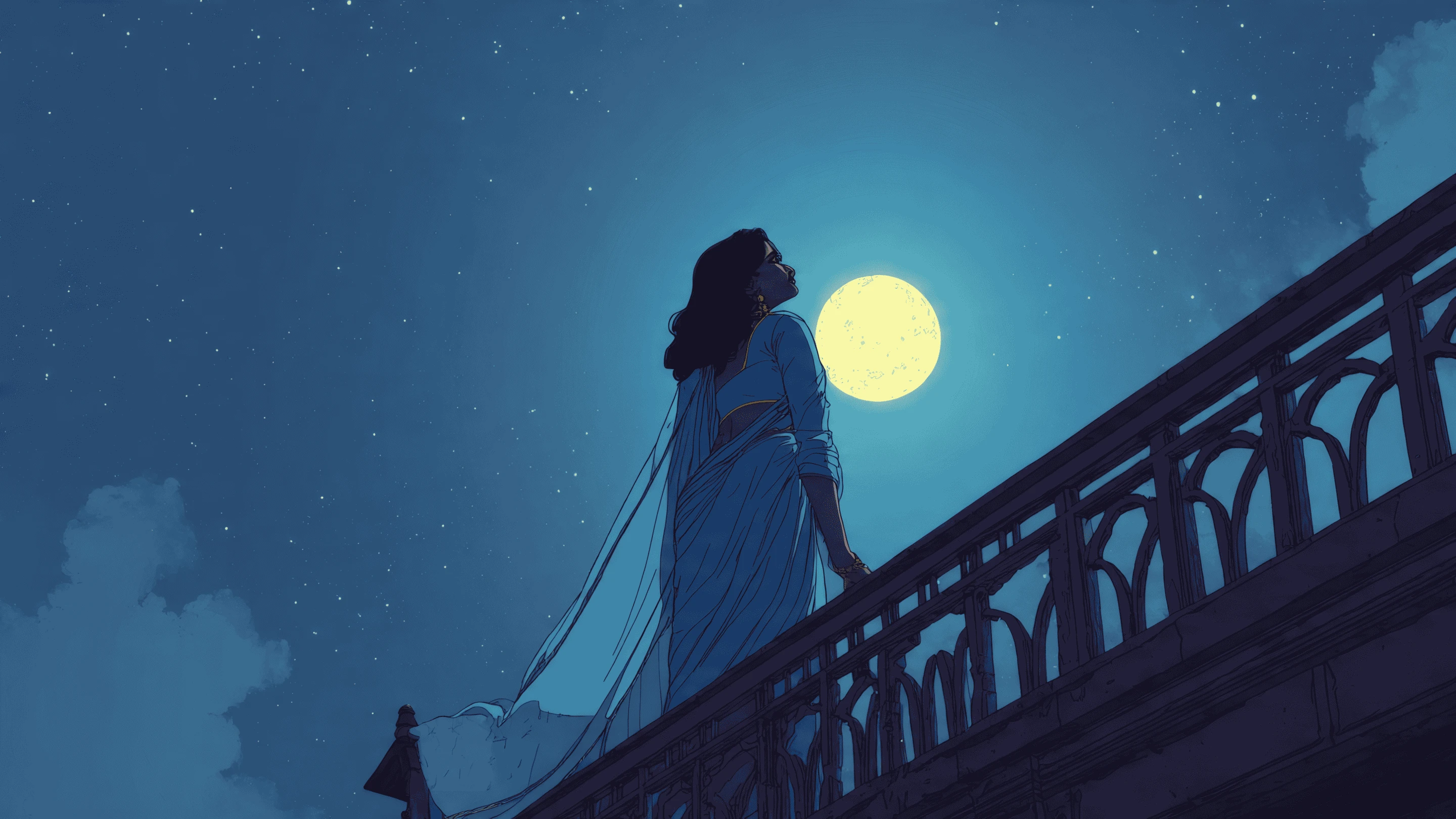 Woman in Saree Gazing at the Moonlit Night Sky