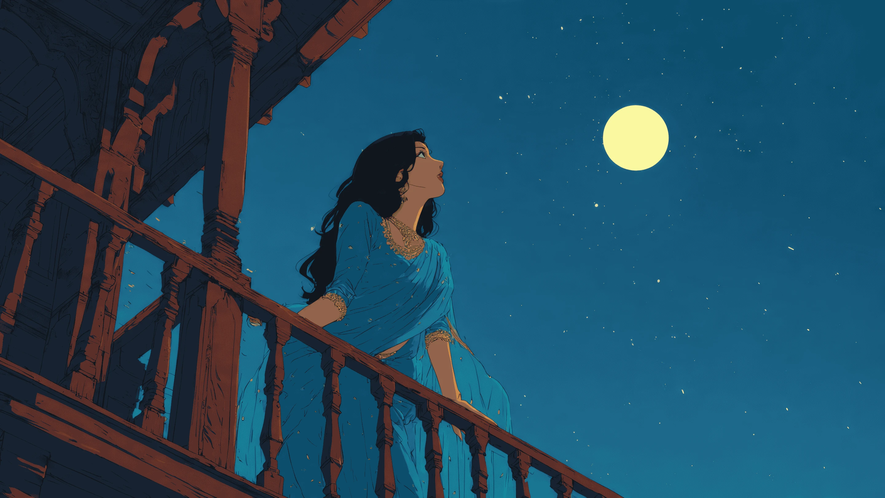 Woman in Saree Gazing at the Moonlit Starry Sky