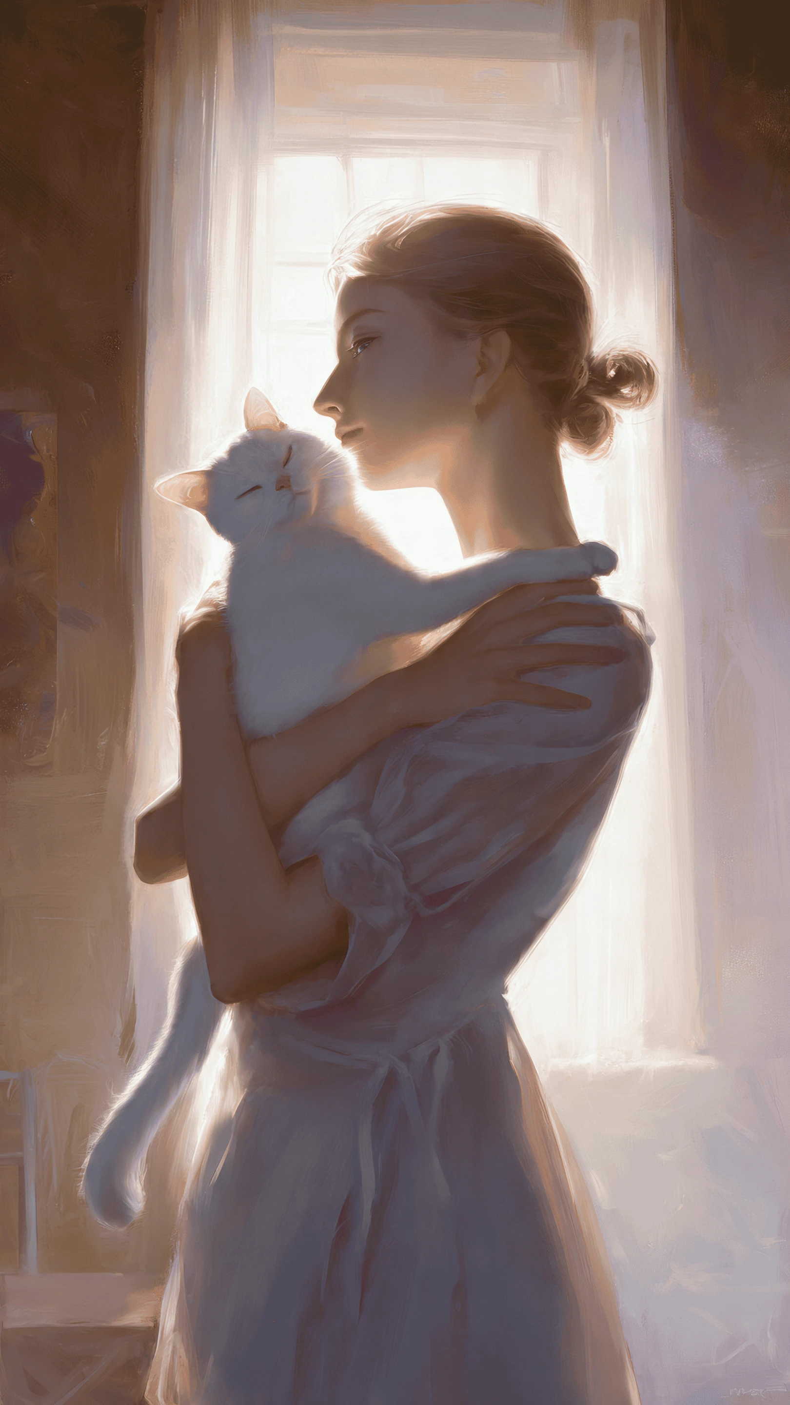 Woman in White Dress Hugging Cat by Window