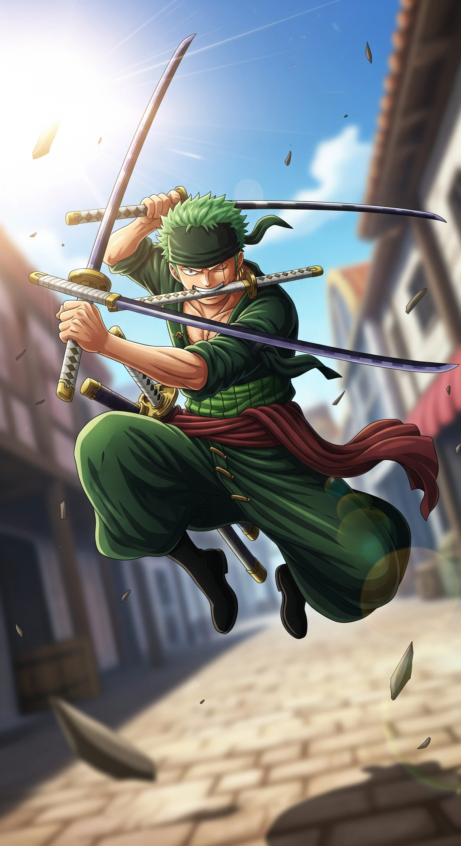 Zoro's Three-sword Style Leap in Blue Sky
